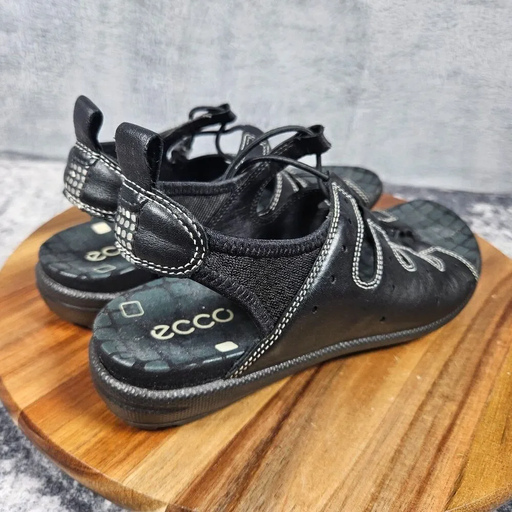 ECCO Jab Toggle Gladiator Sandals Women 38 US 7.5 Black Leather Bungee Fisherman